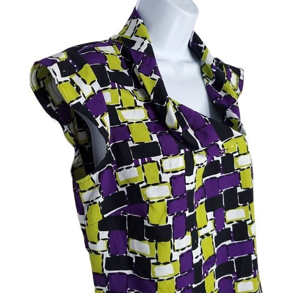 Banana Republic Cap Sleeve Cowl Neck Blouse M Abstract Geometric Purple Green - Picture 2 of 6